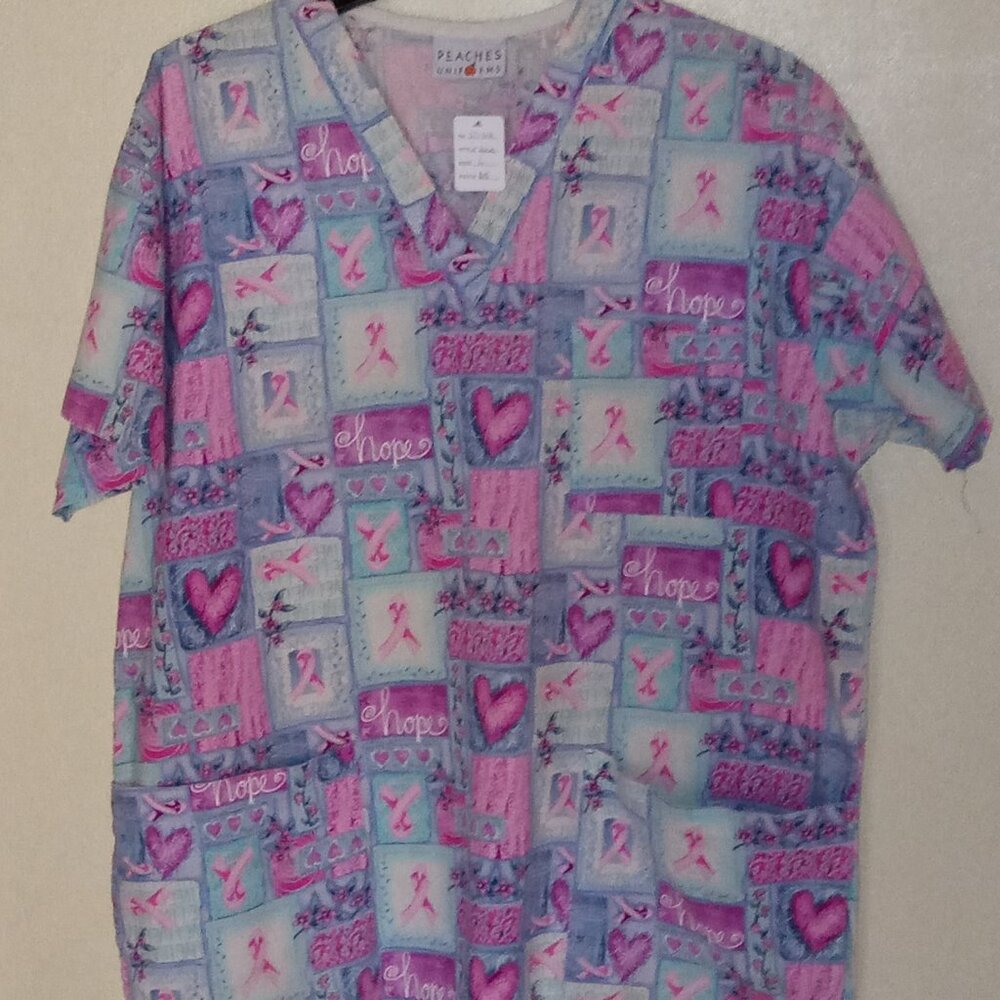 Peaches Uniforms Pink/Blue Heart/Breast Cancer Ribbon L Scrub Top